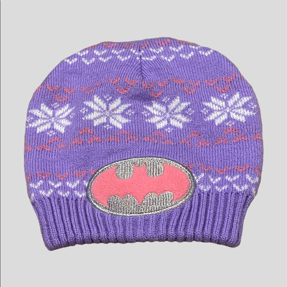 DC Comics Toddler Girls Purple Batman Signal Logo Knitted Beanie Hat Size 2T-5T - Picture 1 of 4